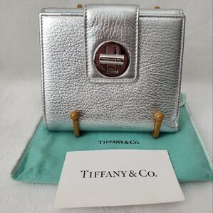 Auth Tiffany & Co Metallic Silver/Blue Turn Lock Bifold Wallet
